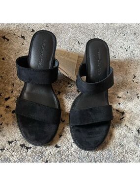 Amazon Essentials Black Suede Strap Slide Sandals Size 8